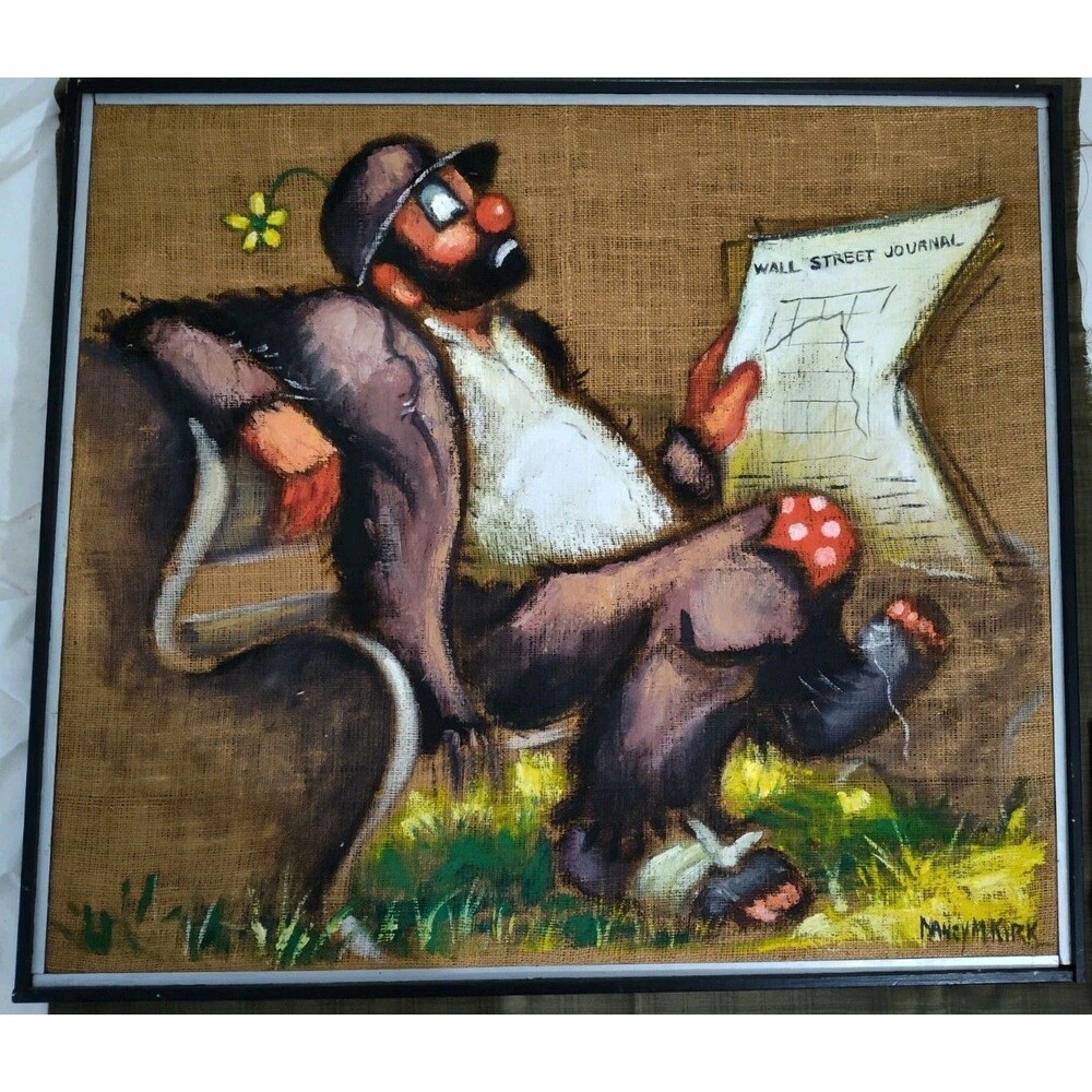 Signed Nancy M. Kurt Satiracal Clown Folk Art Painting Burlap Folk Art 32 X 36"